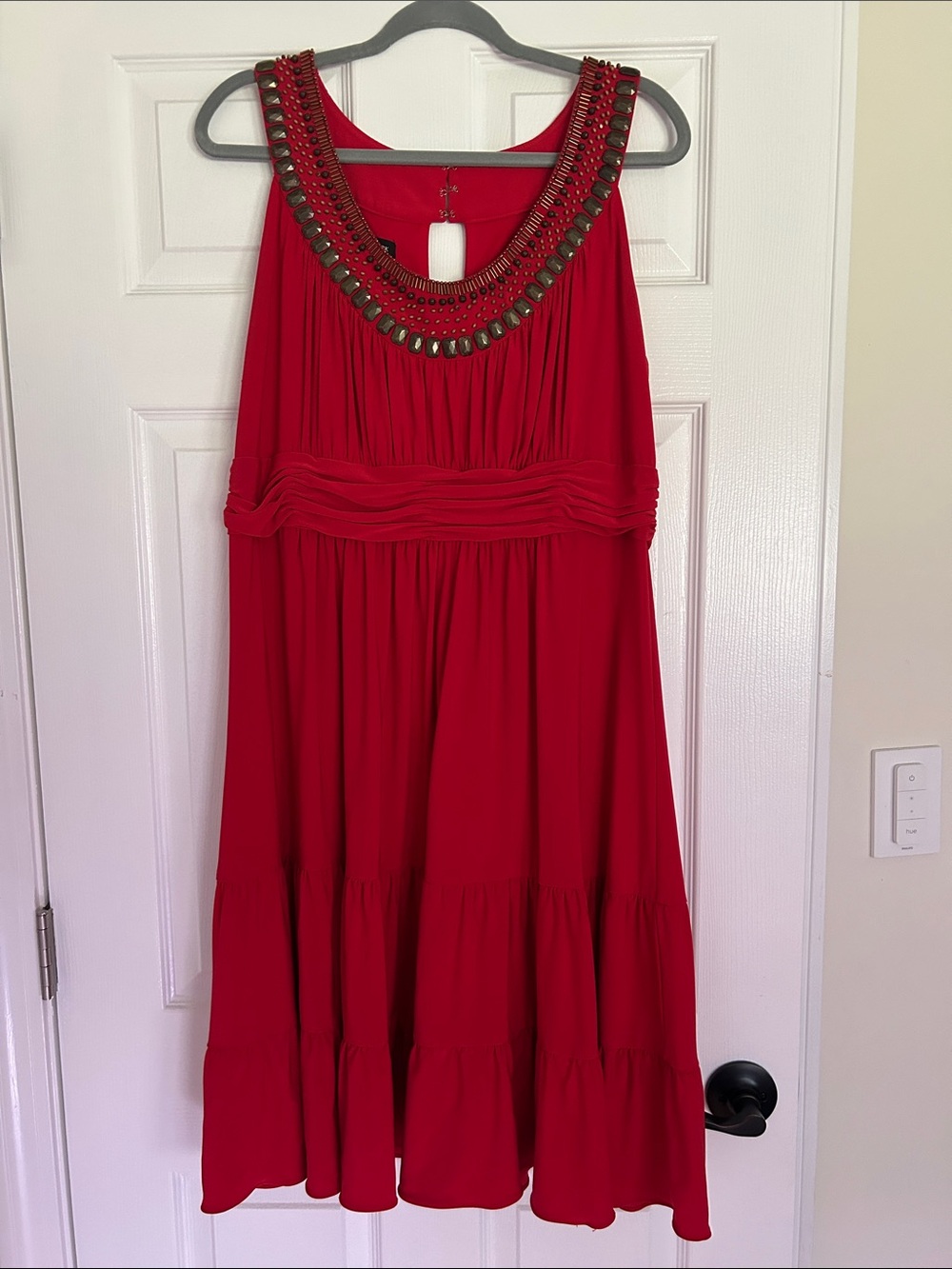 Jones New York Red Embellished Scoop-Neck Midi Dress